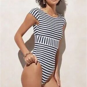 NWOT J. Crew Blue and White One Piece Swimsuit with Cap Sleeves